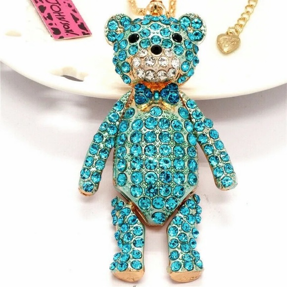 Betsey Johnson Teddy Bear Charm Necklace Pendant w/ Blue Crystals & Gold Chain - Picture 1 of 5